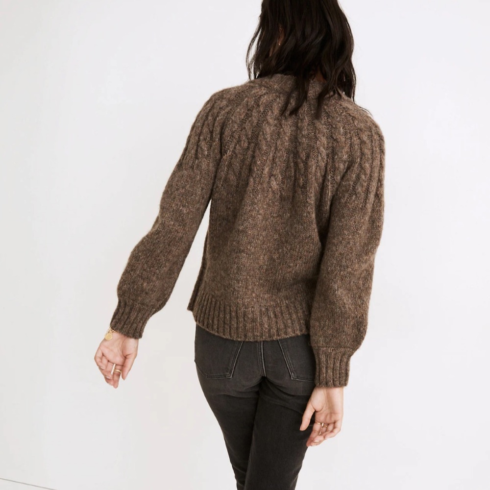 Madewell Harwood Cableknit Mockneck Cardigan Sweater in Heather Otter Sz Small - Picture 3 of 16